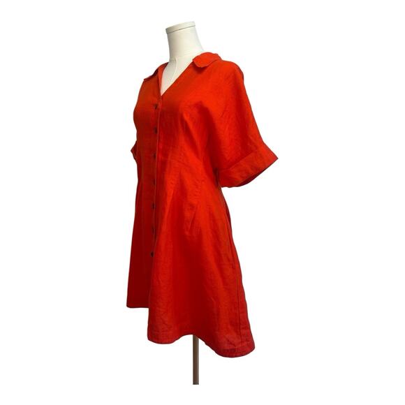 NWT Madewell Red Bright Flame Pleated Mini Shirtdress Size Medium 100% linen - Picture 2 of 8